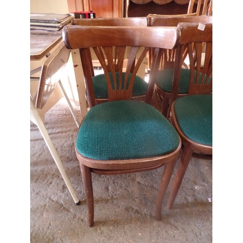 293 - SET OF 6 RETRO DINING CHAIRS WITH GREEN VELOUR UPHOLSTERED SEATS.