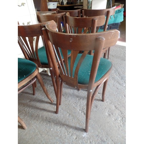 293 - SET OF 6 RETRO DINING CHAIRS WITH GREEN VELOUR UPHOLSTERED SEATS.