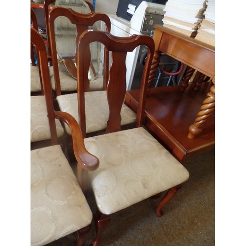 294 - SET OF 6 ELEGANT DINING CHAIRS. INC 2 CARVERS. WIDE 
UPHOLSTERED SEATS IN CREAM FABRIC [REQUIRE CLEA... 