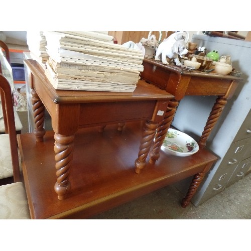 296 - SET OF 3 COFFEE/SIDE TABLES WITH TWISTED ROPE LEGS. , IN GRADUATED SIZES. LARGEST 120CM L. THE OTHER... 