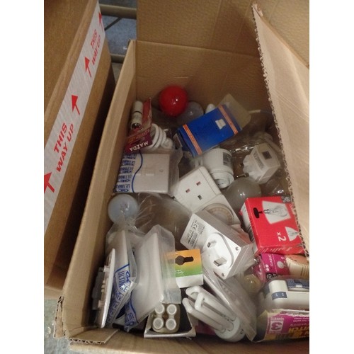 307 - 2 LARGE BOXES FULL OF LIGHT BULBS, LIGHT SWITCHES, SOCKETS, TIME SWITCHES ETC ETC.