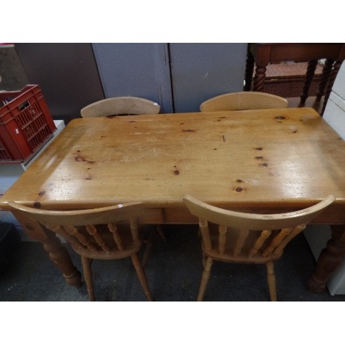 346 - HEAVY PINE FARMHOUSE TABLE, WITH 2 DRAWERS 153CM L/82CM W. TOGETHER WITH 4 CHAIRS