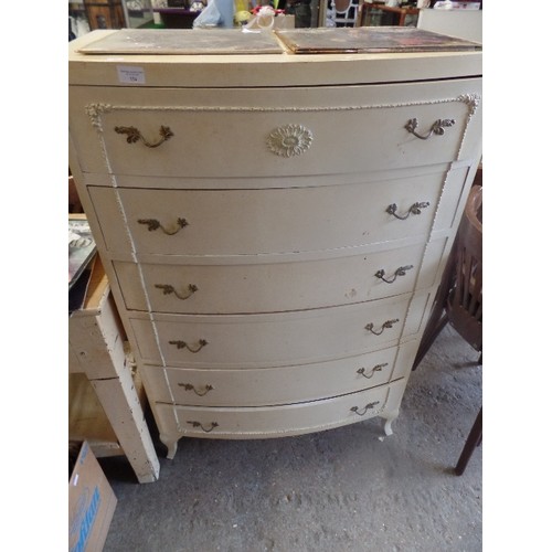 354 - RETRO BOW FRONTED 6 DRAWER BEDROOM CHEST. CREAM PAINTED WITH BRASS HANDLES AND RAISED DECORATIVE DET... 