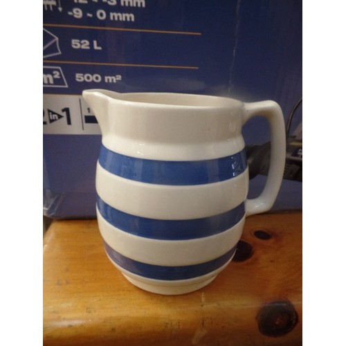 340 - LARGE BOX OF VINTAGE CROCKERY. INC CORNISHWARE BLUE STRIPED JUG , A PAIR OF ROYAL DOULTON ART DECO C... 