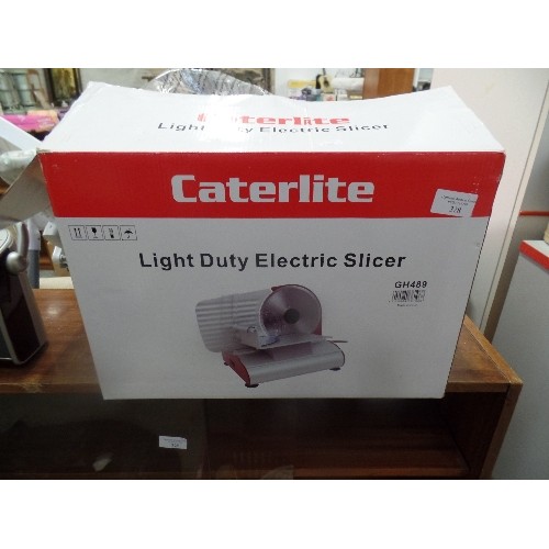 328 - CATERLITE, LIGHT DUTY ELECTRIC SLICER. APPEARS NEW/BOXED.