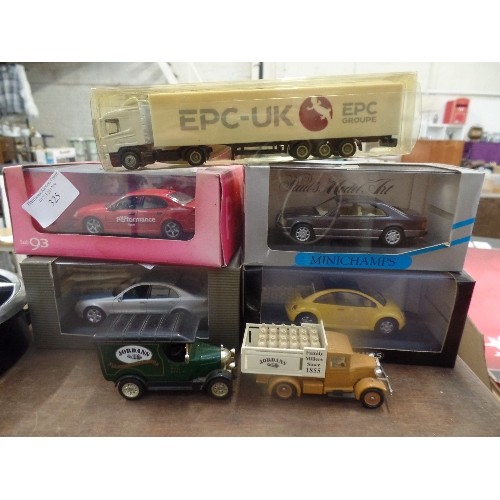 325 - 4 DIE-CAST SCALE MODEL CARS IN BOXES, TOGETHER WITH A LORRY, 2 LLEDO 'JORDANS' TRUCKS, AND A MERCEDE... 