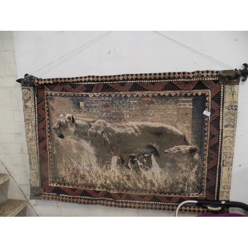 213 - LARGE TAPESTRY WALL HANGING OF A PRIDE OF LIONS. ON A BLACK METAL POLE WITH FLEUR DE LIS FINIALS.