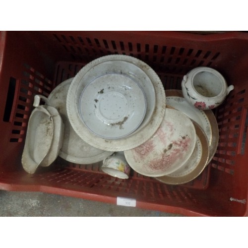 331 - CRATE OF VINTAGE CROCKERY, LIDDED TUREENS ETC.