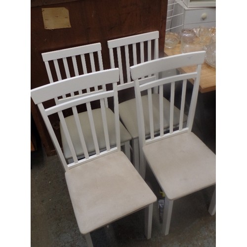 313 - SET OF 4 KITCHEN/DINING CHAIRS. 2 IVORY WITH MUSHROOM FAUX LEATHER SEATS, THE OTHER 2 HAVE SAME COLO... 