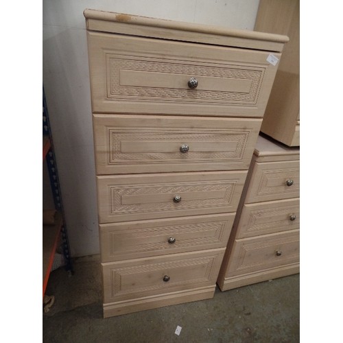 364 - BEDROOM CHESTS. VERY PALE WOOD EFFECT. TALL 5 DRAWER CHEST 57CM W, WIDE 7 DRAWER UNIT 115CM W, AND 2... 