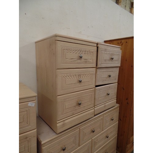 364 - BEDROOM CHESTS. VERY PALE WOOD EFFECT. TALL 5 DRAWER CHEST 57CM W, WIDE 7 DRAWER UNIT 115CM W, AND 2... 