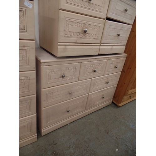 364 - BEDROOM CHESTS. VERY PALE WOOD EFFECT. TALL 5 DRAWER CHEST 57CM W, WIDE 7 DRAWER UNIT 115CM W, AND 2... 