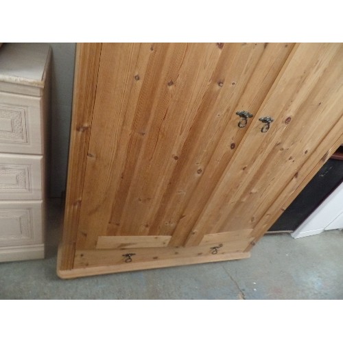 365 - SOLID PINE WARDROBE WITH PULL HANDLES. BOTTOM DRAWER. LOWER INNER SHELF 107CM W.