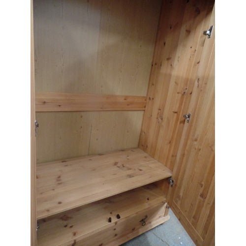 365 - SOLID PINE WARDROBE WITH PULL HANDLES. BOTTOM DRAWER. LOWER INNER SHELF 107CM W.