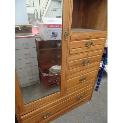 368 - VINTAGE WALNUT COMBI WARDROBE WITH 5 DRAWERS AND MIRRORED DOOR (1 DOOR MISSING)