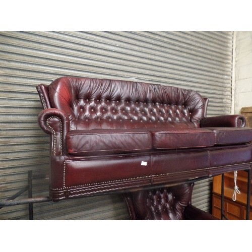 357 - PENDRAGON OXBLOOD LEATHER 3 SEATER SOFA & ARMCHAIR. BUTTON-BACK, SCROLL ARMS, STUD DETAIL.