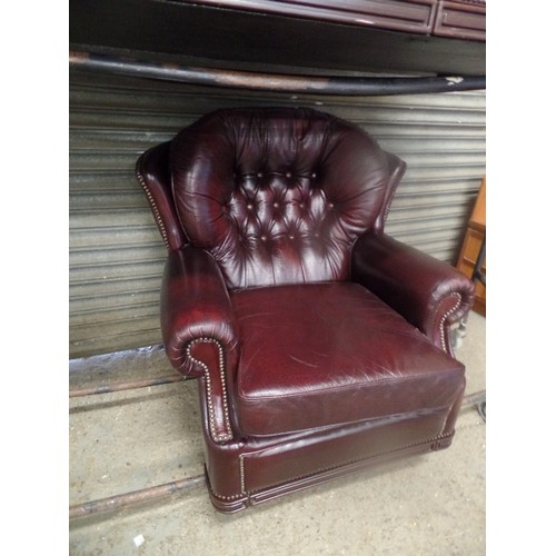 357 - PENDRAGON OXBLOOD LEATHER 3 SEATER SOFA & ARMCHAIR. BUTTON-BACK, SCROLL ARMS, STUD DETAIL.