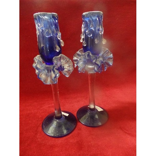 1 - PAIR OF LOVELY BLUE MURANO GLASS CANDLE STICKS WITH RUFFLED TRIM AND CANDLE WAX DECORATION