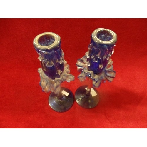 1 - PAIR OF LOVELY BLUE MURANO GLASS CANDLE STICKS WITH RUFFLED TRIM AND CANDLE WAX DECORATION