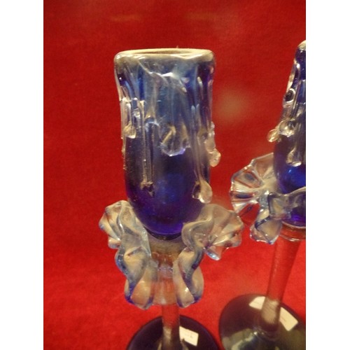 1 - PAIR OF LOVELY BLUE MURANO GLASS CANDLE STICKS WITH RUFFLED TRIM AND CANDLE WAX DECORATION