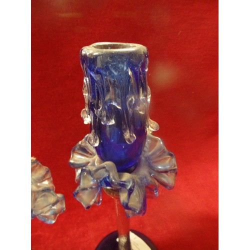 1 - PAIR OF LOVELY BLUE MURANO GLASS CANDLE STICKS WITH RUFFLED TRIM AND CANDLE WAX DECORATION