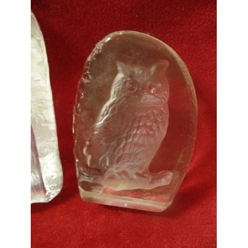 3 - 4 OPAQUE GLASS PAPERWEIGHTS - 2 OWLS, FISH AND HERON