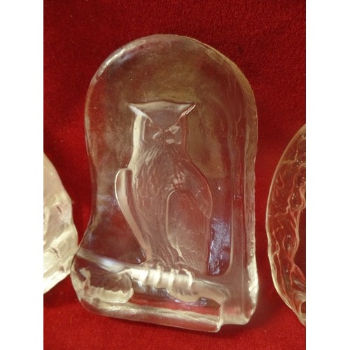 3 - 4 OPAQUE GLASS PAPERWEIGHTS - 2 OWLS, FISH AND HERON