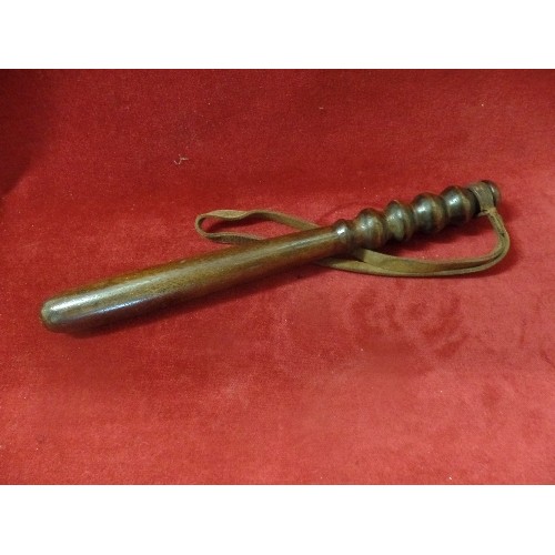 12 - WOODEN POLICE TRUNCHEON WITH LEATHER STRAP