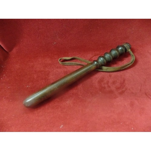 12 - WOODEN POLICE TRUNCHEON WITH LEATHER STRAP