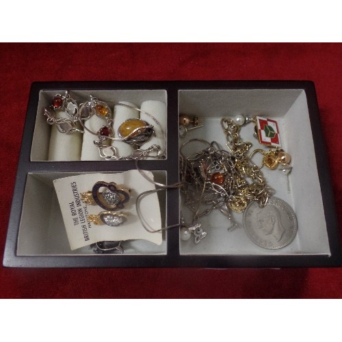 15 - BOX OF COSTUME JEWELLERY NECKLACES, EARRINGS ETC INCLUDING A 925 SILVER CHAIN