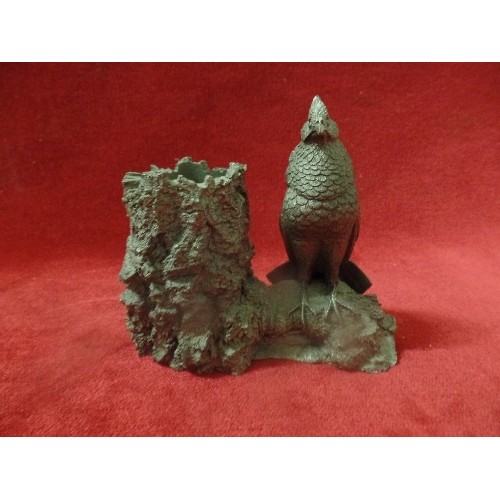 19 - PEWTER BUD VASE/ PEN HOLDER WITH CARDINAL BIRD