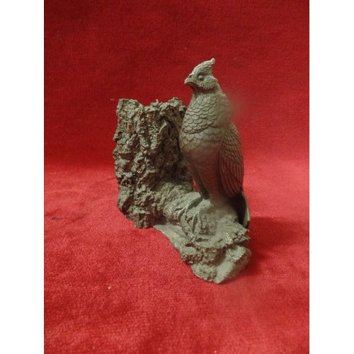 19 - PEWTER BUD VASE/ PEN HOLDER WITH CARDINAL BIRD