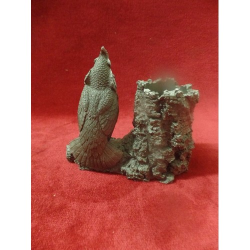 19 - PEWTER BUD VASE/ PEN HOLDER WITH CARDINAL BIRD