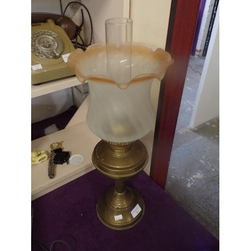 42 - BRASS OIL LAMP WITH OPAQUE GLASS SHADE AND CHIMNEY