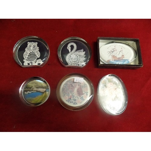 70A - 6 GLASS PAPERWEIGHTS - LACED OWL AND SWAN, MARY ROSE ETC