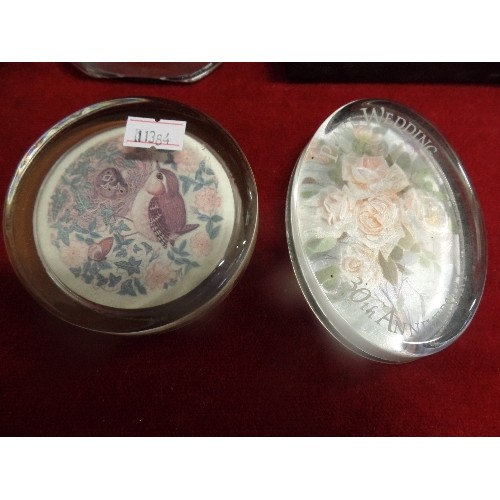 70A - 6 GLASS PAPERWEIGHTS - LACED OWL AND SWAN, MARY ROSE ETC