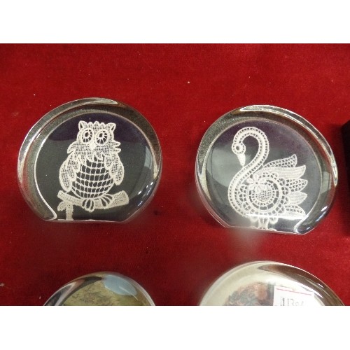 70A - 6 GLASS PAPERWEIGHTS - LACED OWL AND SWAN, MARY ROSE ETC