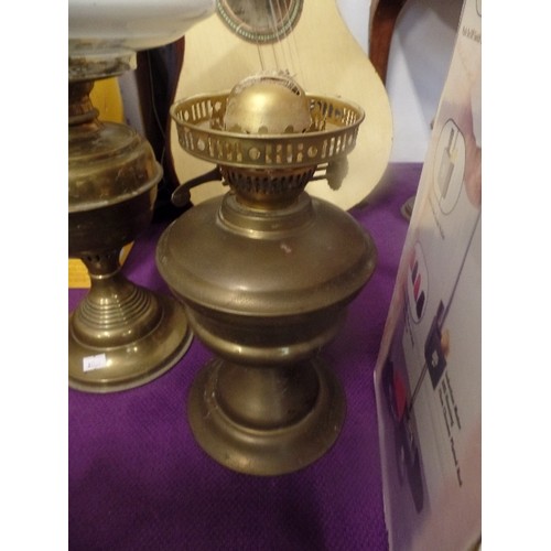 108A - BRASS OIL LAMP WITH MILK GLASS SHADE (CHIPPED) AND CHIMNEY WITH A BRASS OIL LAMP BASE