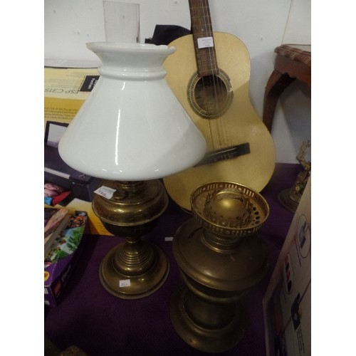 108A - BRASS OIL LAMP WITH MILK GLASS SHADE (CHIPPED) AND CHIMNEY WITH A BRASS OIL LAMP BASE