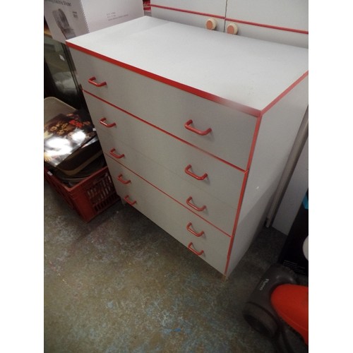 334 - BEDROOM SET, COMPRISING OF MELAMINE WARDROBE, DRESSING TABLE AND 5 DRAWER CHEST. VERY PALE GREY WITH... 