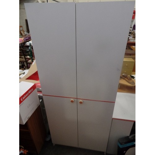 334 - BEDROOM SET, COMPRISING OF MELAMINE WARDROBE, DRESSING TABLE AND 5 DRAWER CHEST. VERY PALE GREY WITH... 