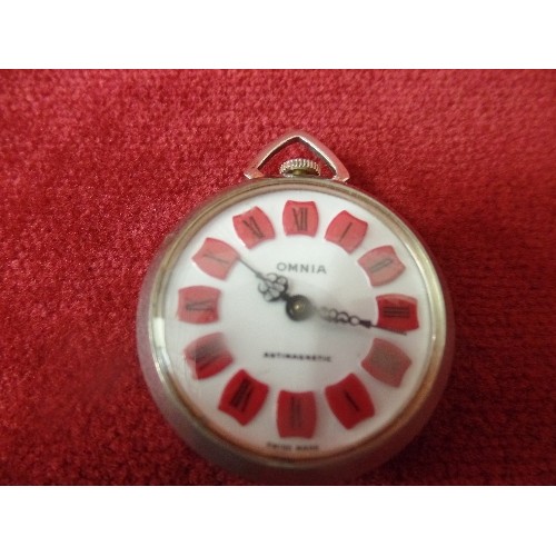 40 - A CIRCA 1970'S SWISS MADE PENDANT WATCH BY OMNIA, THE DIAL WITH ROMAN NUMERALS ON RED ENAMEL. THE CA... 