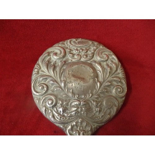 32 - VICTORIAN SILVER DRESSING TABLE HAND MIRROR WITH MASK, BIRD AND SCROLL DESIGN