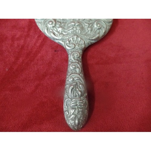 32 - VICTORIAN SILVER DRESSING TABLE HAND MIRROR WITH MASK, BIRD AND SCROLL DESIGN