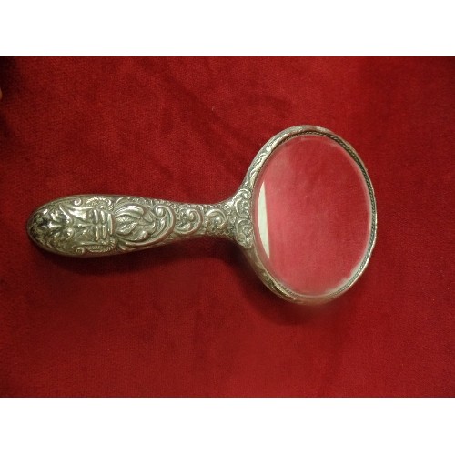 32 - VICTORIAN SILVER DRESSING TABLE HAND MIRROR WITH MASK, BIRD AND SCROLL DESIGN