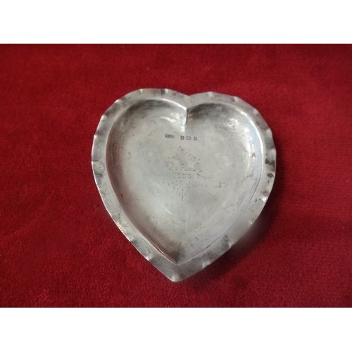 33 - FOUR STERLING SILVER HEARTS INCLUDING PIN DISH CHESTER 1898, PIN DISH BIRM 1905 WITH O.R.A. MONOGRAM... 