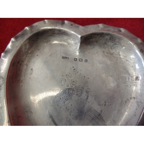 33 - FOUR STERLING SILVER HEARTS INCLUDING PIN DISH CHESTER 1898, PIN DISH BIRM 1905 WITH O.R.A. MONOGRAM... 