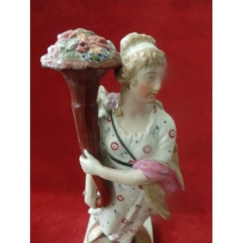 14 - AN EARLY 19TH CENTURY STAFFORDSHIRE PEARLWARE FIGURE OF A LADY WITH A CORNUCOPIA OF FLOWERS, EMBLEMA... 