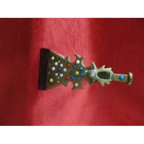 70 - A TIBETAN CEREMONIAL AXE IN BRASS WITH STEEL BLADE, INLAID WITH COLOURED BEADS - PROBABLY FIRST HALF... 