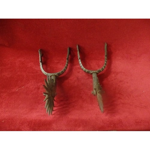 71 - PAIR OF ANTIQUE EARLY 1900'S ARGENTINIAN GAUCHO SPURS  WITH SILVER INLAY  - CAST IN IRON WITH LARGE ... 